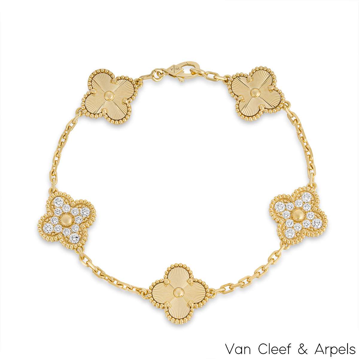 Van Cleef & Arpels Yellow Gold Diamond Guilloche Vintage Alhambra 5 Motif Bracelet VCARP4KN00